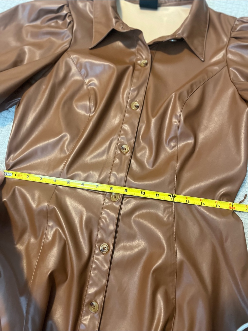 Maison Tara Cognac Faux Leather Puff-Sleeve Button-Front Mini Dress - Picture 15 of 16